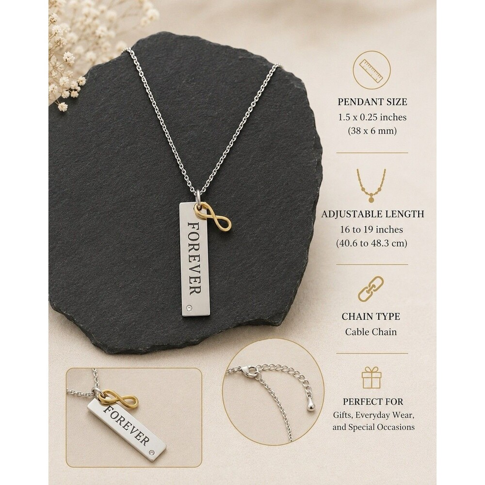 Forever Necklace Silver Tone Gold Infinity Charm Bar Pendant Adjustable 16-19”